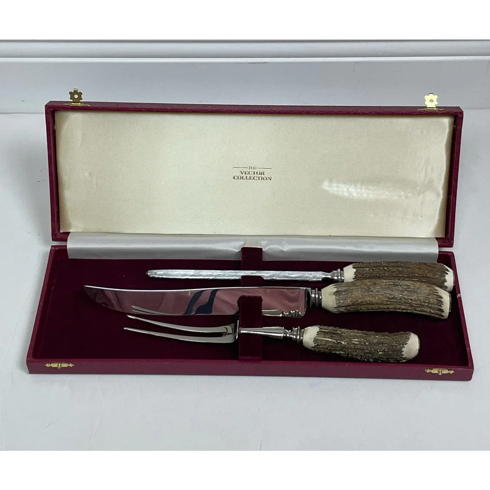 Mutual Hiram‎ Wild Sheffield Fork, Steel, & Knife Stag Antler England W/Box